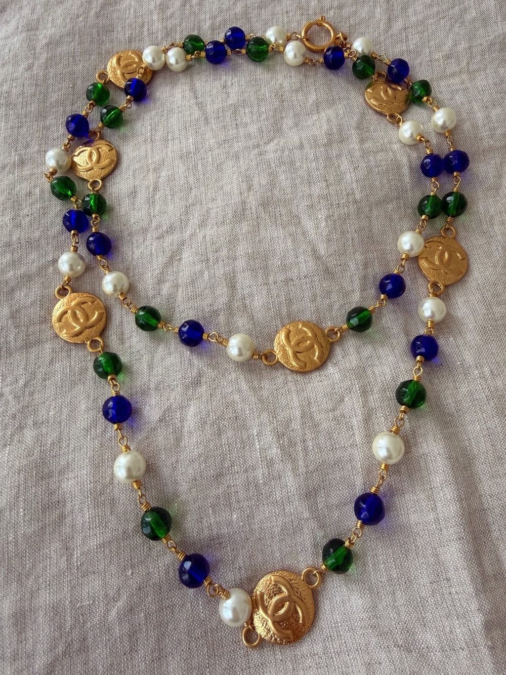 💚Vintage CHANEL Coin Logo Necklace with Blue, Green & Pearl Beads💙